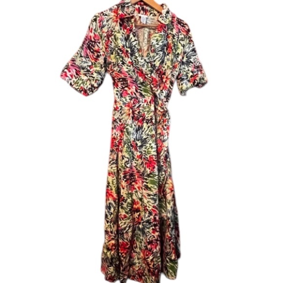 Vtg JG HOOK Dress 100% Linen Faux Wrap Belted Red Multicolor Sz 8P Floral Classy - Picture 3 of 11